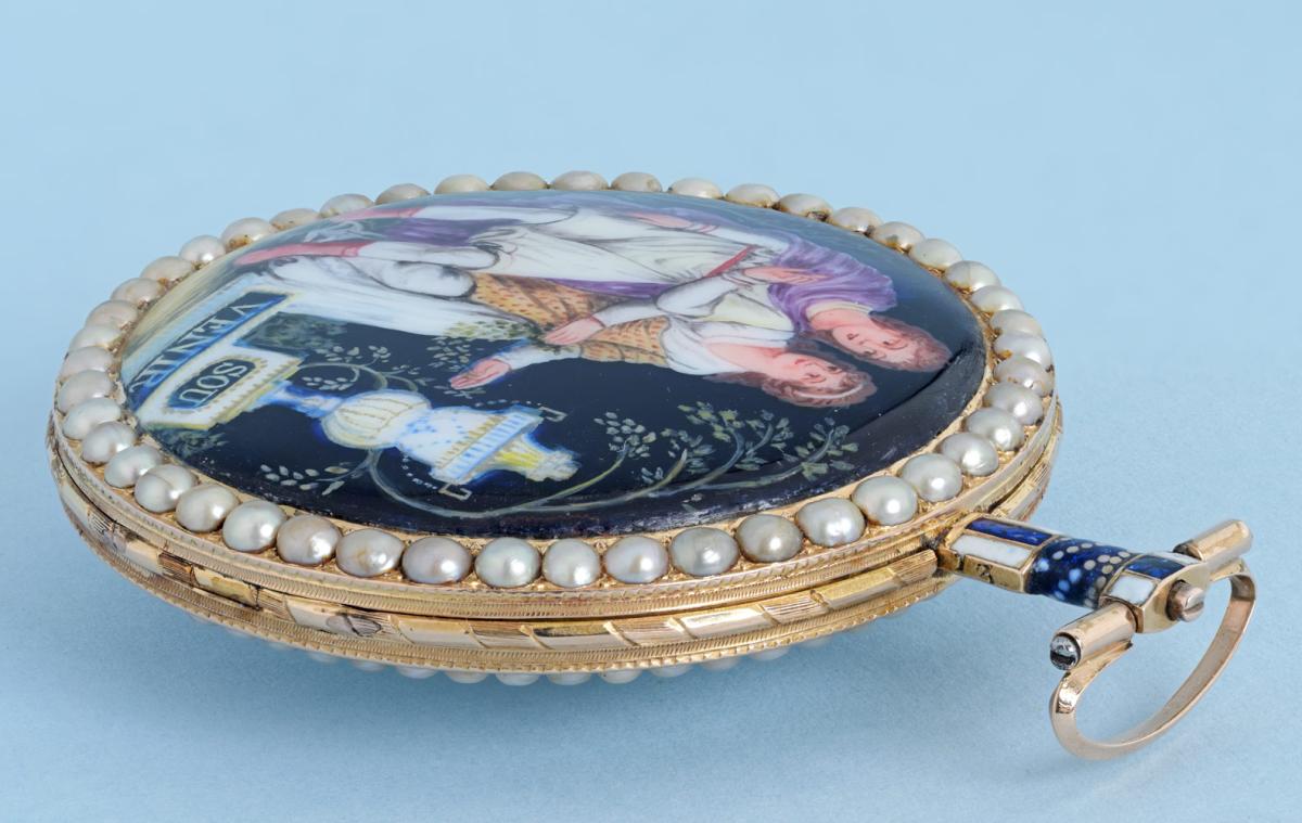 Gold and Enamel Pearl Set Watch