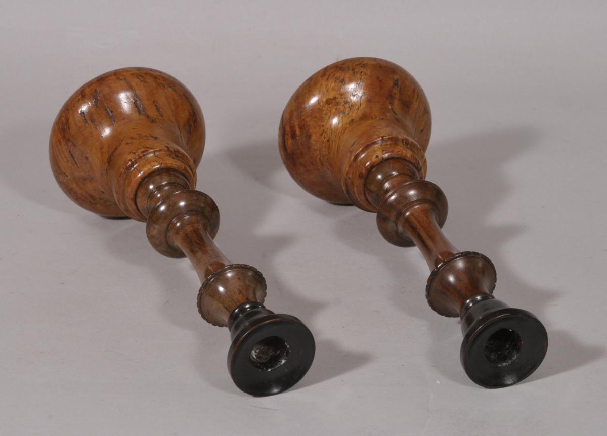S/5080 Antique Treen 19th Century Pair of Candlesticks of Various Woods