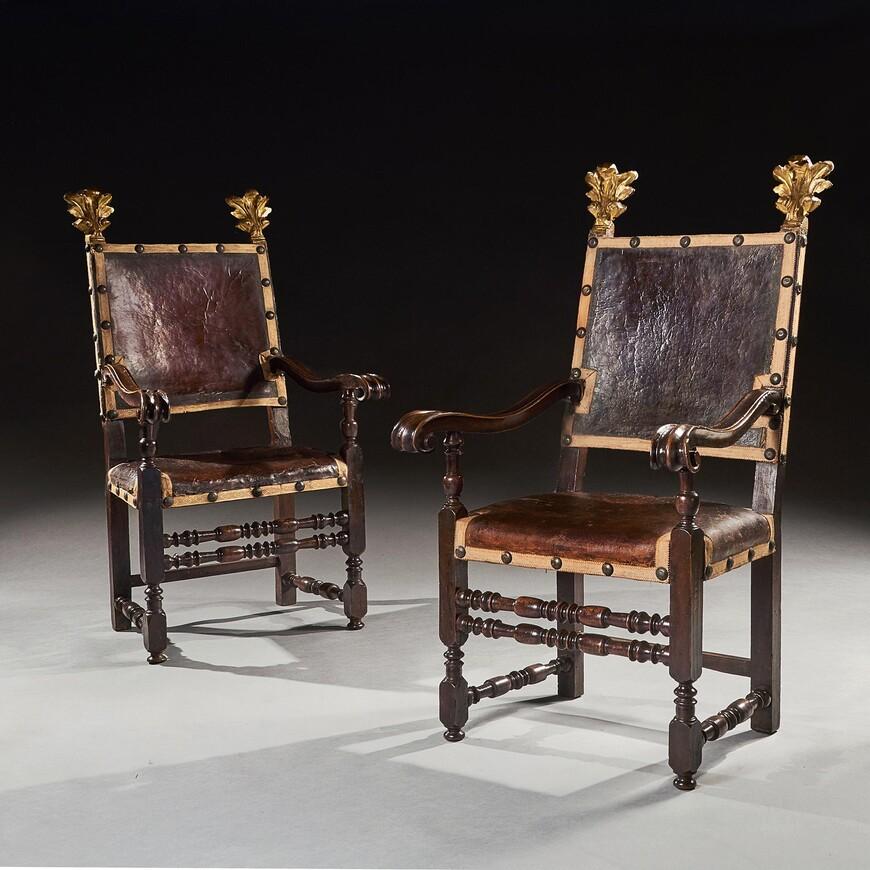 Pair of 17th Century Italian Baroque Parcel-gilt Walnut Leather Armchairs