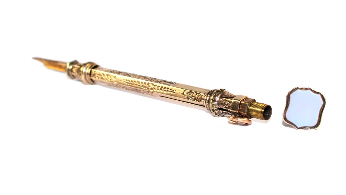 Victorian Gold Combined Sliding Dip Pen and Pencil circa 1860