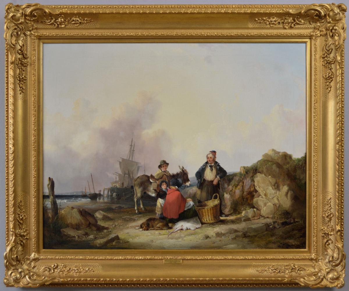 Genre seascape oil painting of fisher folk on a beach by William Shayer