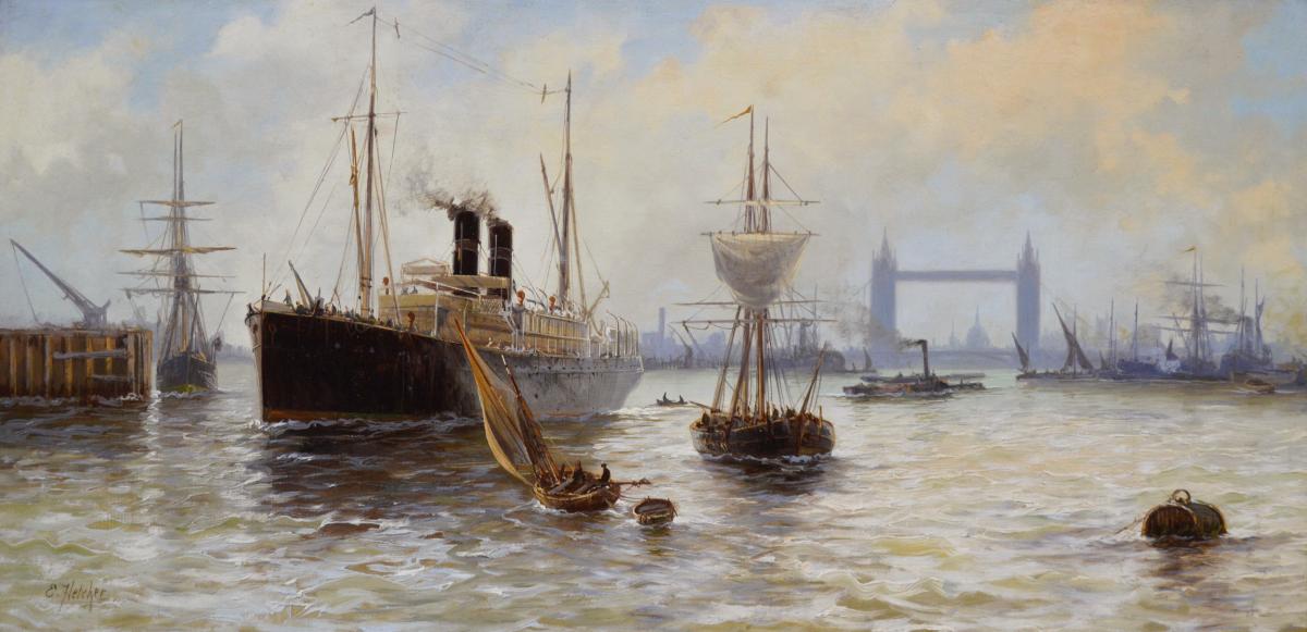 Riverscape oil painting of shipping on the Thames near Tower Bridge & St Paul’s by Edward Fletcher