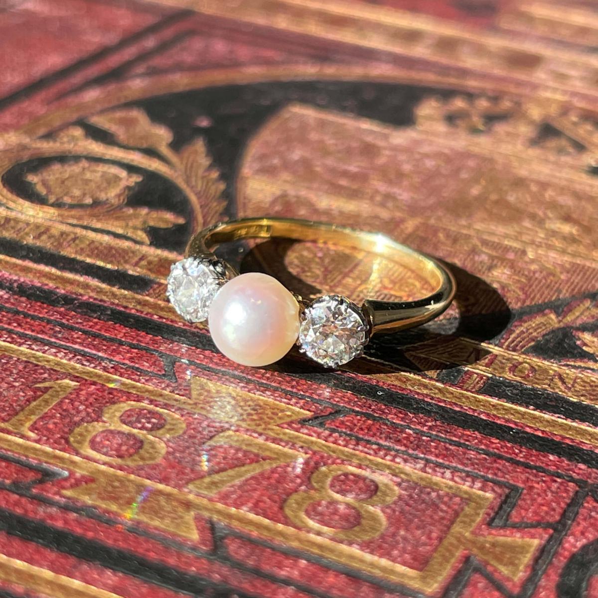 Edwardian Pearl and Diamond 3 Stone Ring circa 1910