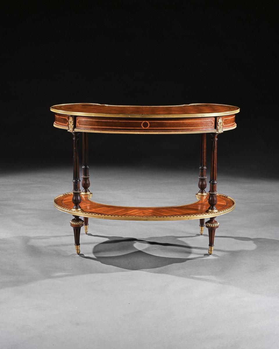 gilt bronze mounted parquetry kidney shaped writing table