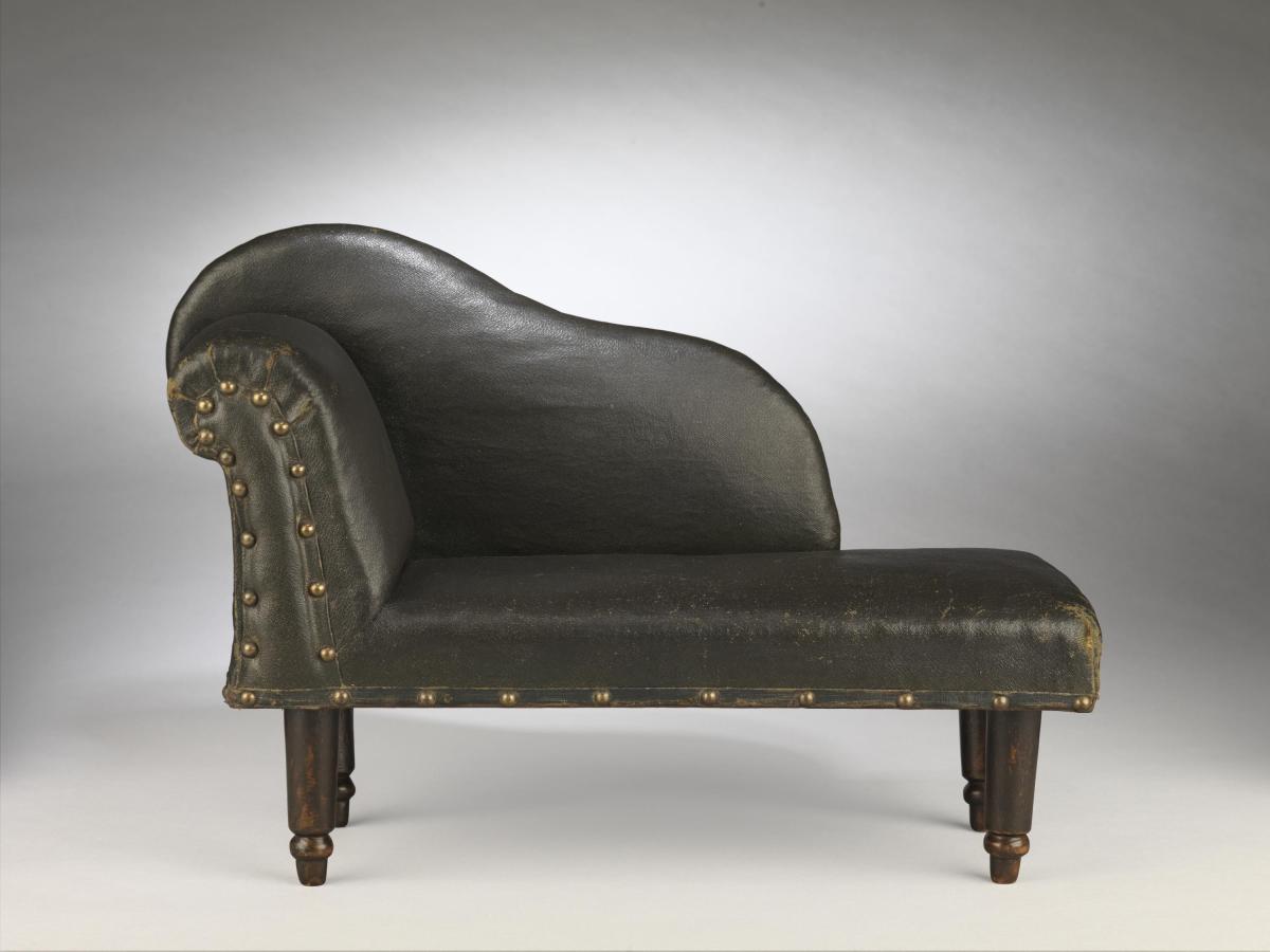 A Rare and Delightful Miniature Scroll Back Sofa Made as an Apprentice Work or Tradesman's Sample Solid Wood with Brass Studded Leatherette Upholstery English, c.1870