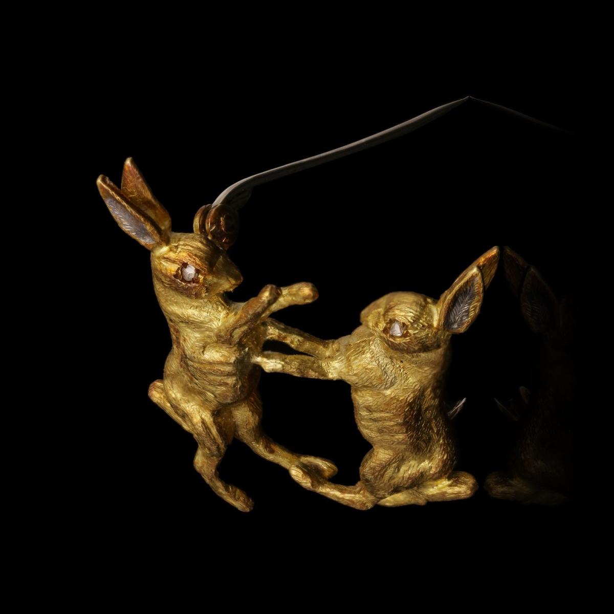 Gold Boxing Hares Brooch