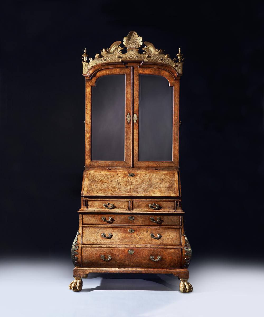 An Exceptionally Rare George I Period Burr Walnut Giltwood And Brass Mounted Bombe Bureau Cabinet