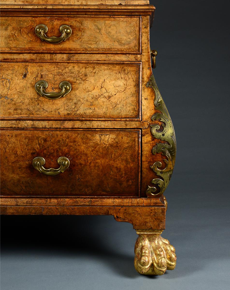 An Exceptionally Rare George I Period Burr Walnut Giltwood And Brass Mounted Bombe Bureau Cabinet