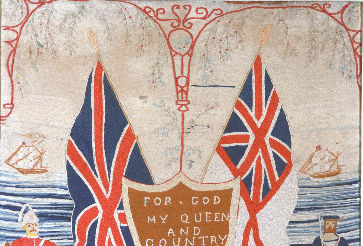 British Sailor's Patriotic Woolwork with a British Soldier and a Royal Navy Sailor with Union Jack and White Ensign, Circa 1880