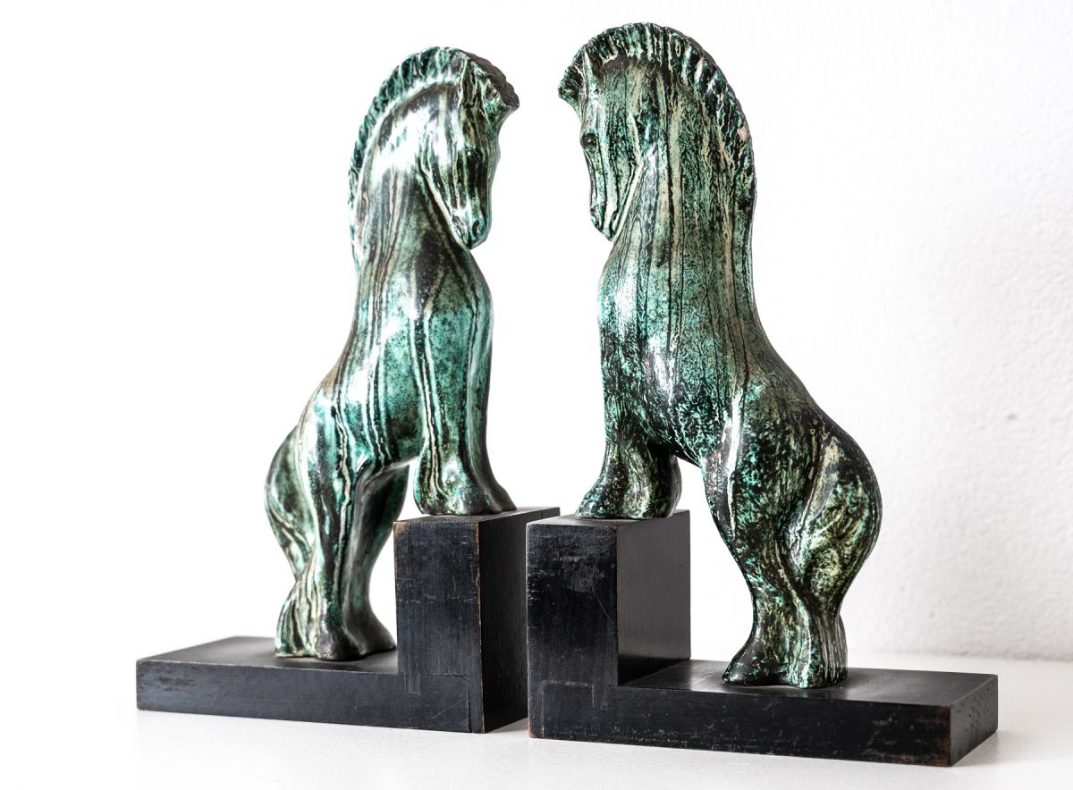 Pair of ceramic and wood bookends by Guido Cacciapuoti
