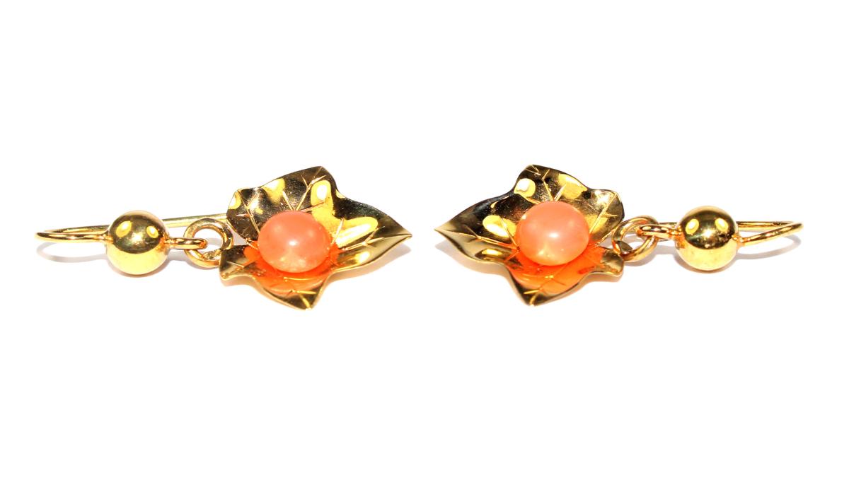 Victorian Coral Ivy Leaf Earrings circa 1890