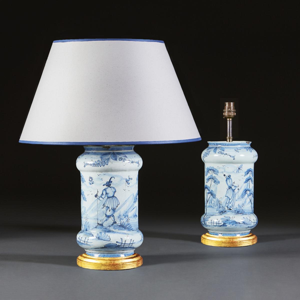 A Pair of Blue and White Italian Tin Glaze Vases as Lamps
