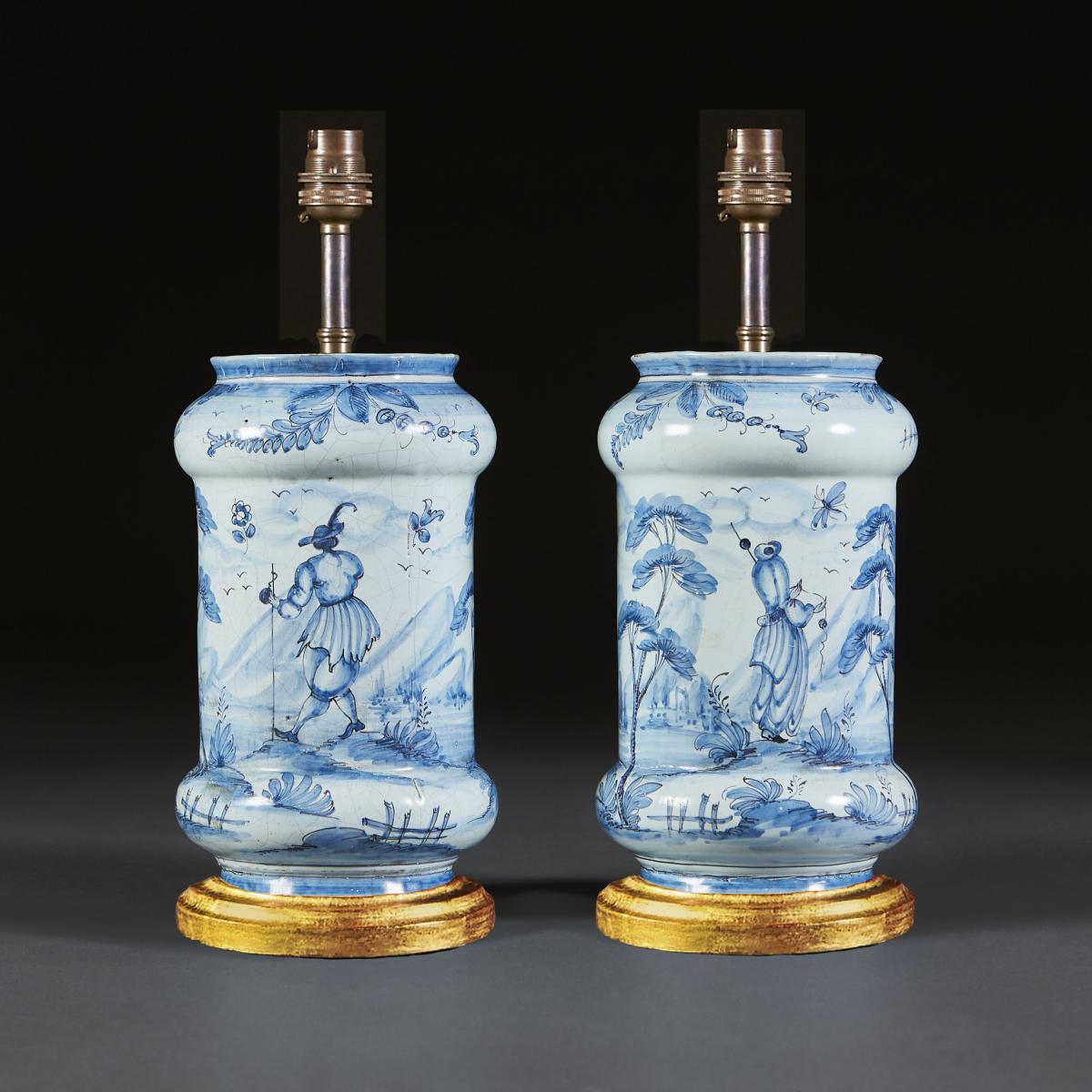 A Pair of Blue and White Italian Tin Glaze Vases as Lamps