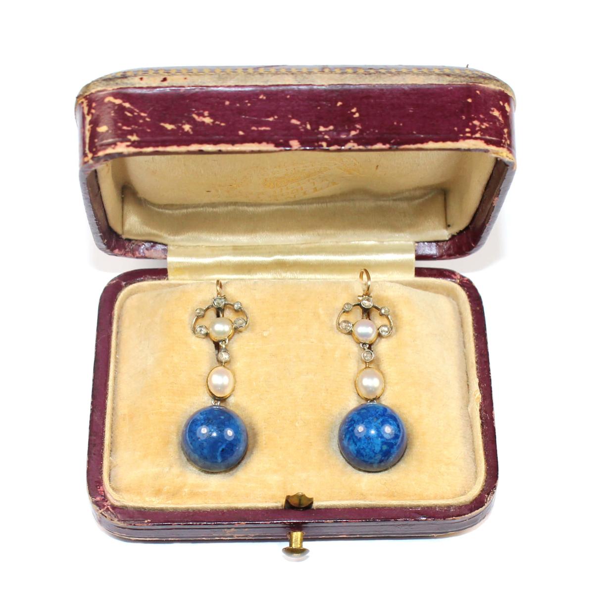 Art Nouveau Sodalite and Pearl Drop Earrings circa 1910