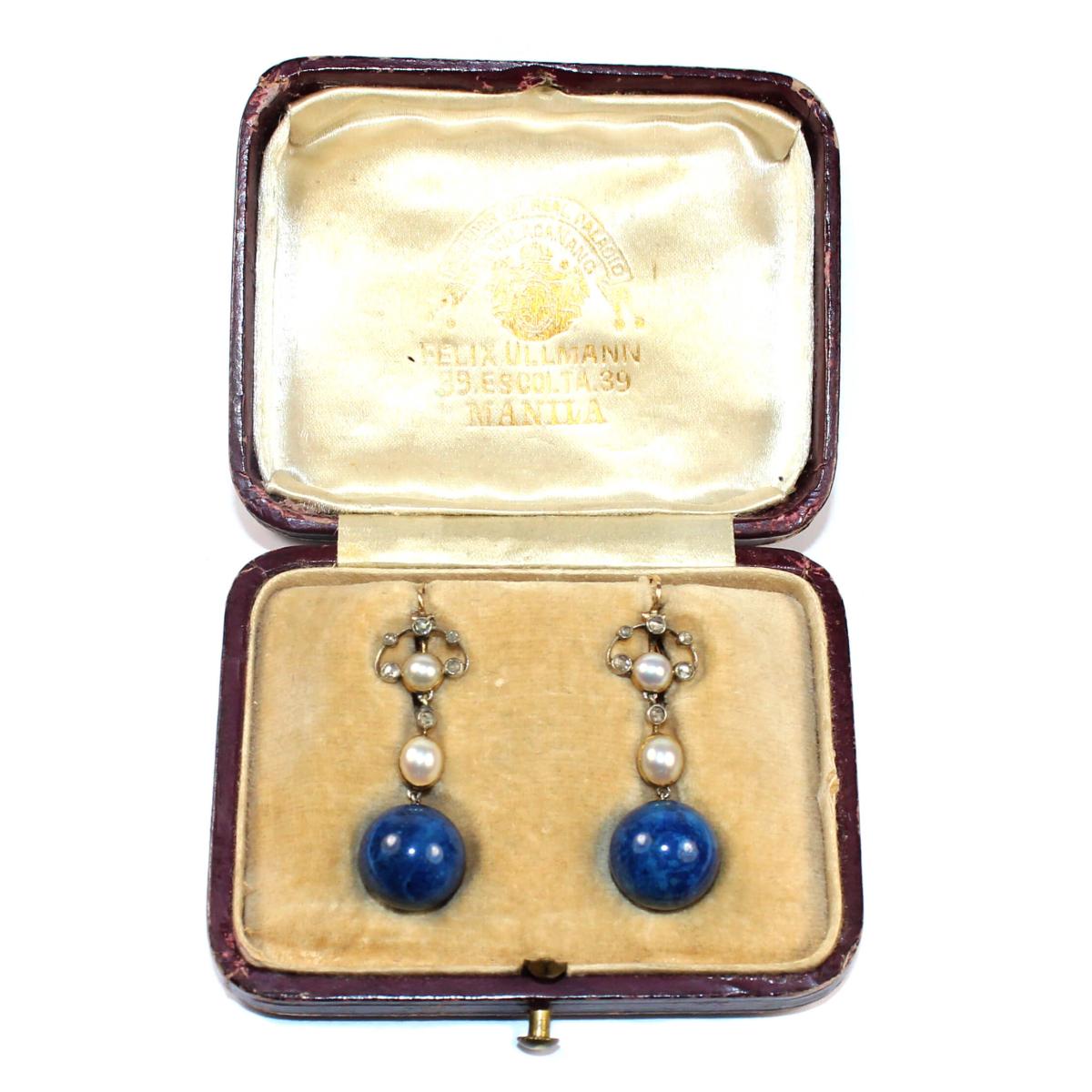 Art Nouveau Sodalite and Pearl Drop Earrings circa 1910