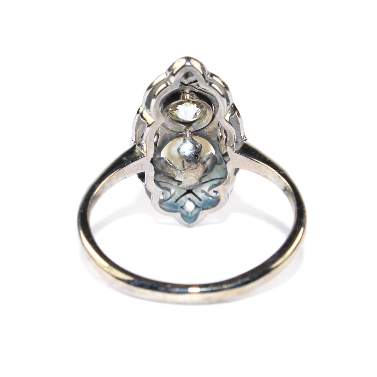 Art Deco Pearl and Diamond Marquise Ring circa 1935