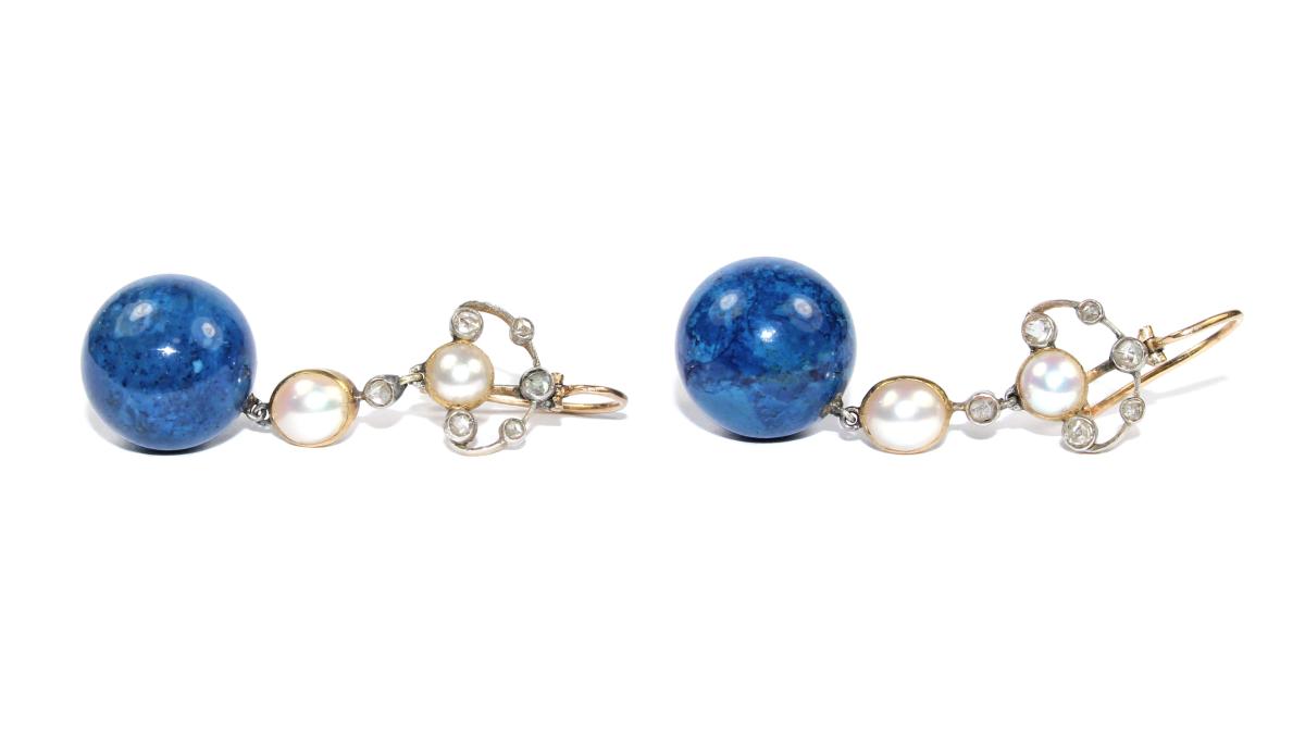 Art Nouveau Sodalite and Pearl Drop Earrings circa 1910