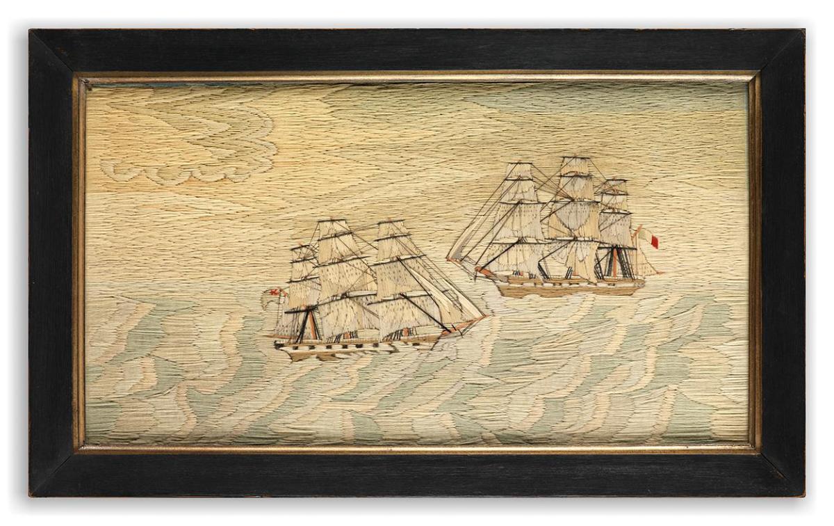 Rare Folk Art Sailorwork Embroidery Depicting an English and a French Ship at Sea Finely Embroidered Coloured Wools and Thread on Canvas Probably British, c.1850