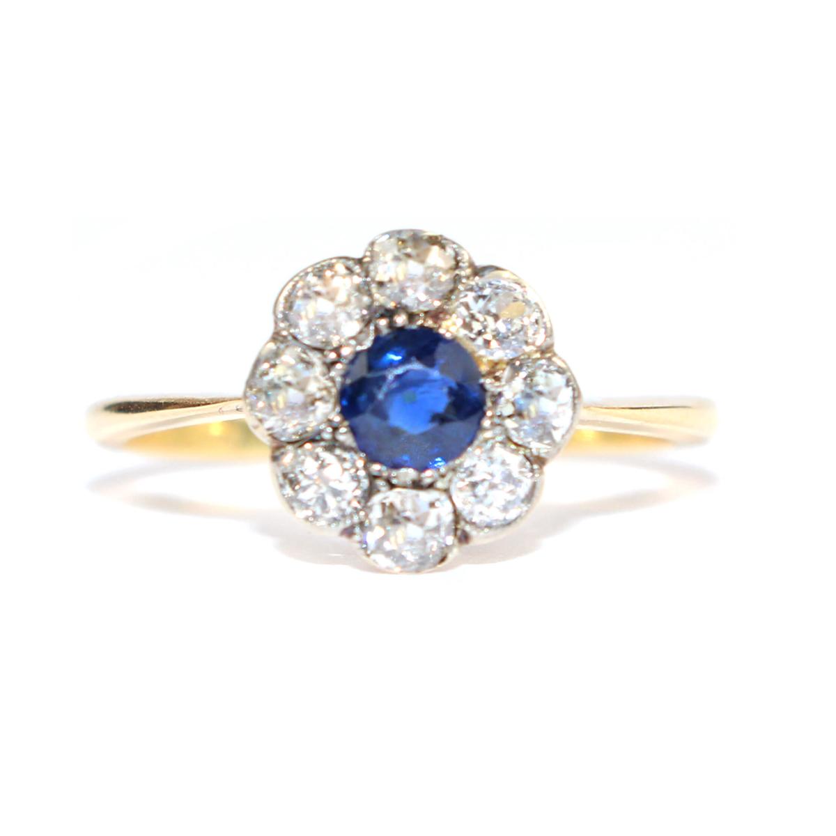 Edwardian Sapphire and Diamond Cluster Ring circa 1920