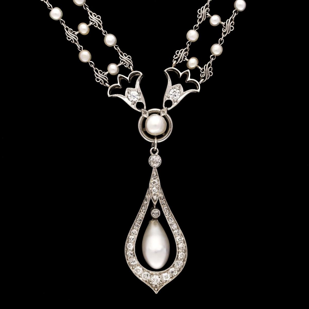 Pearl And Diamond Sautoir Necklace