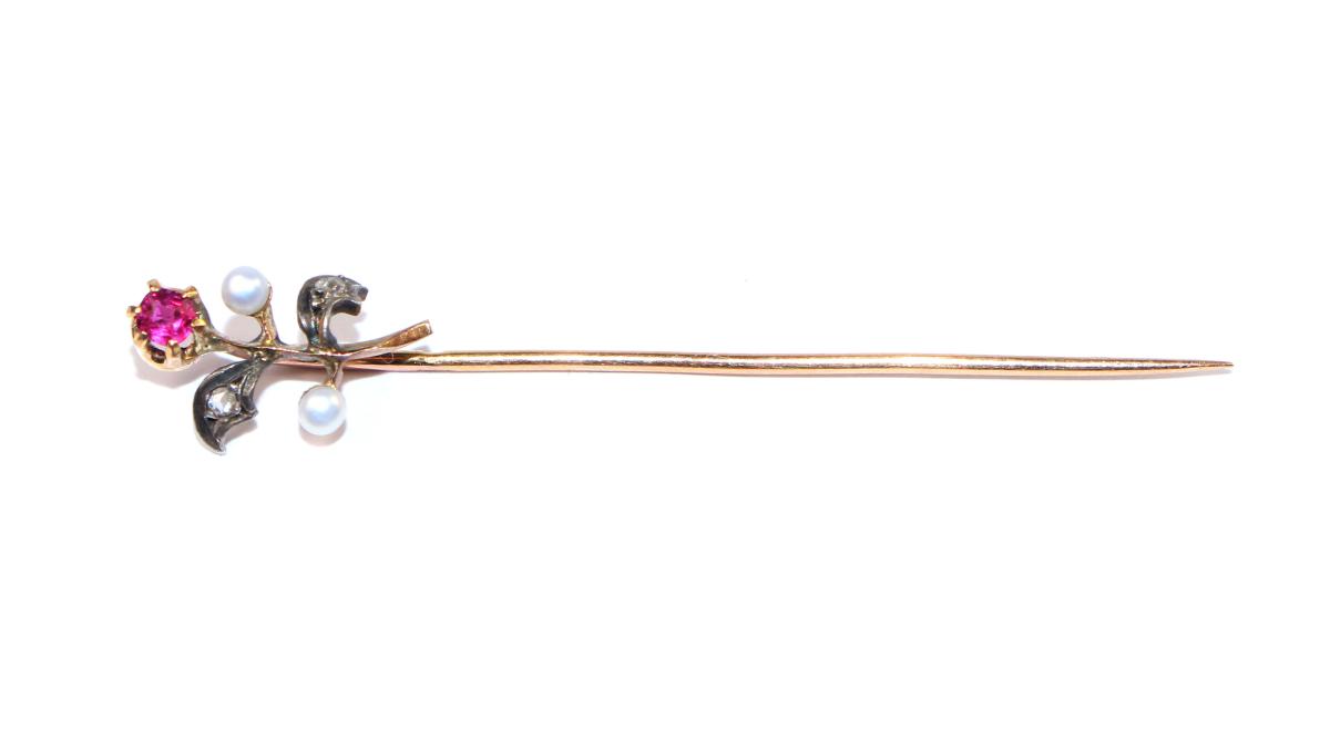 Victorian Ruby and Pearl Flower Stickpin; French circa 1890