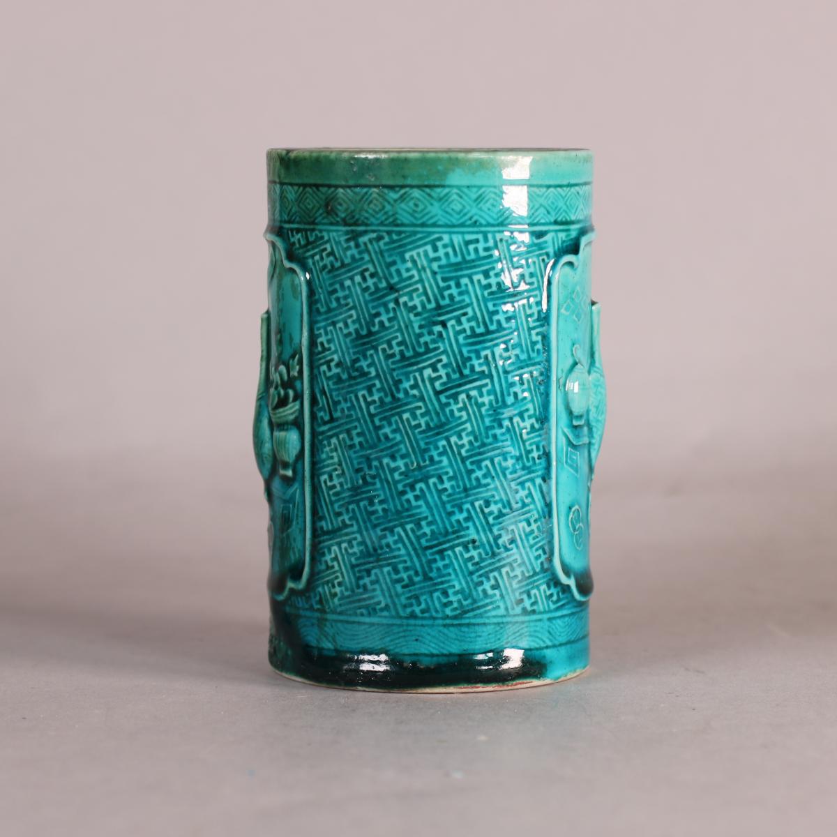 Chinese turquoise moulded brushpot Kangxi
