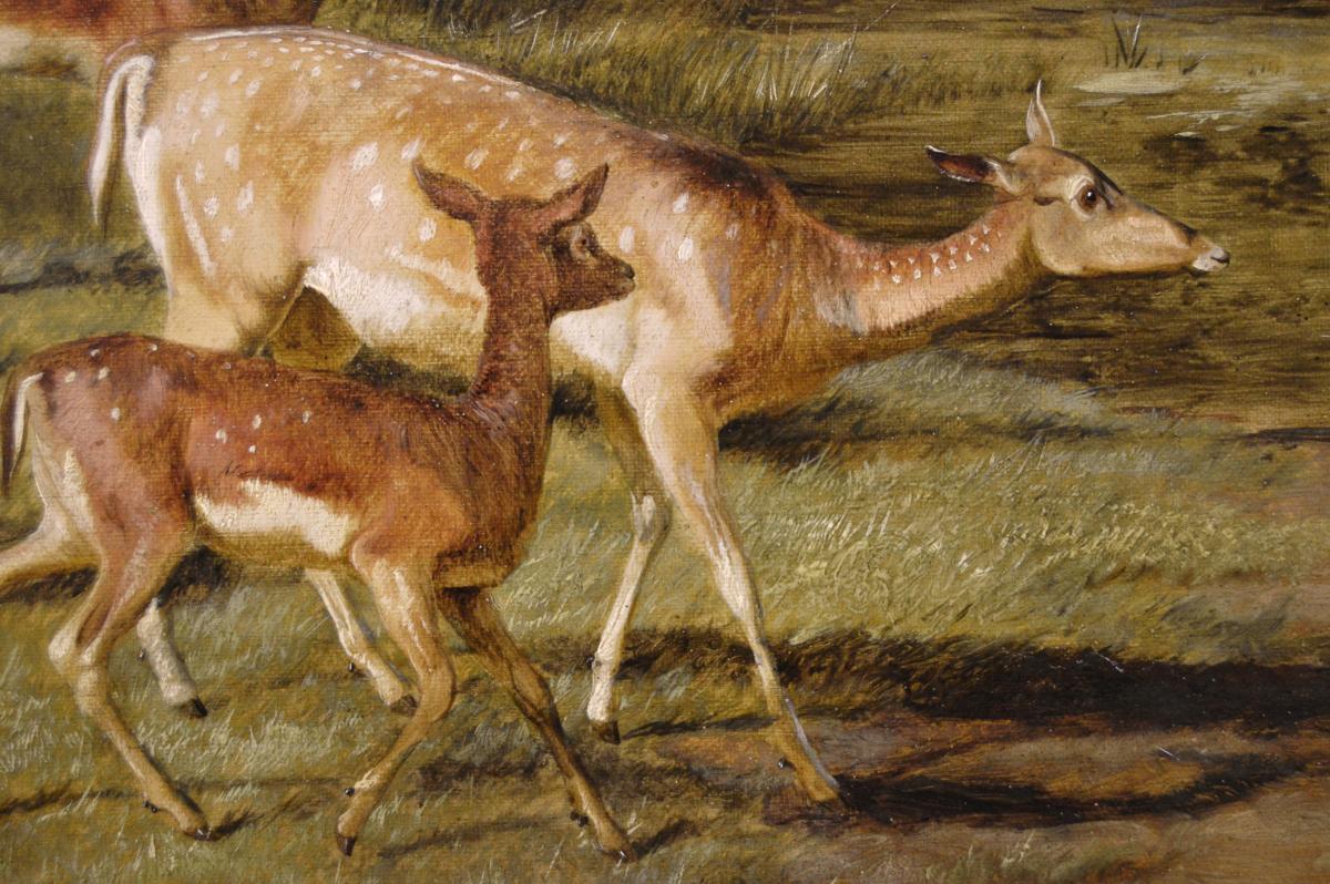 Landscape oil painting of deer in a park by Thomas Barratt of Stockbridge