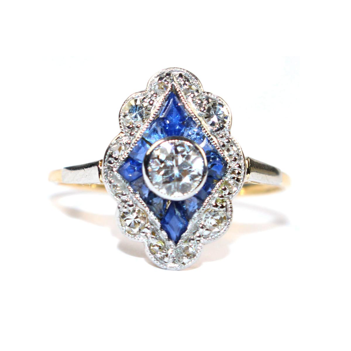 Edwardian Sapphire and Diamond Cluster Ring circa 1920