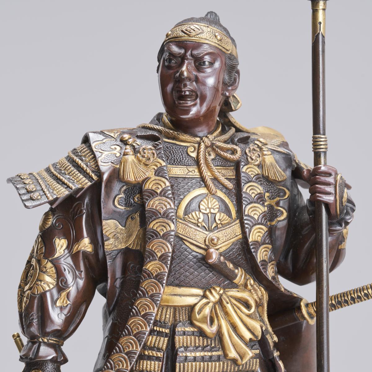 Japanese bronze Samurai with naginata and wearing kabuto signed Miyao Eisuke, Meiji Period