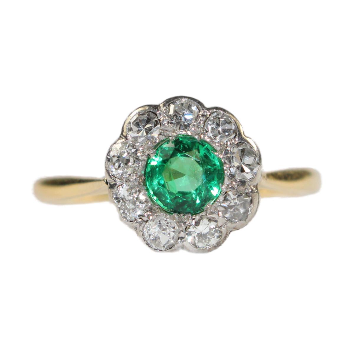 Edwardian Emerald and Diamond Cluster Ring circa 1910