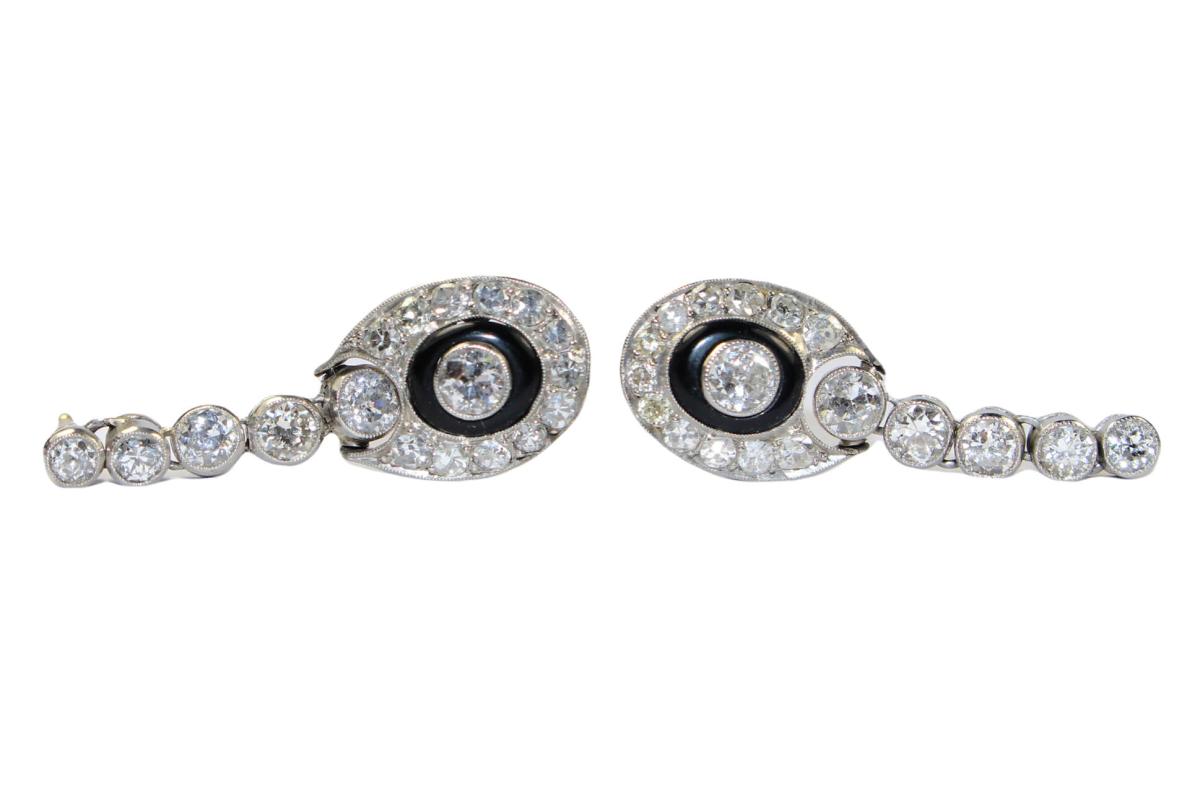 Art Deco Diamond and Onyx Drop Earrings circa 1930