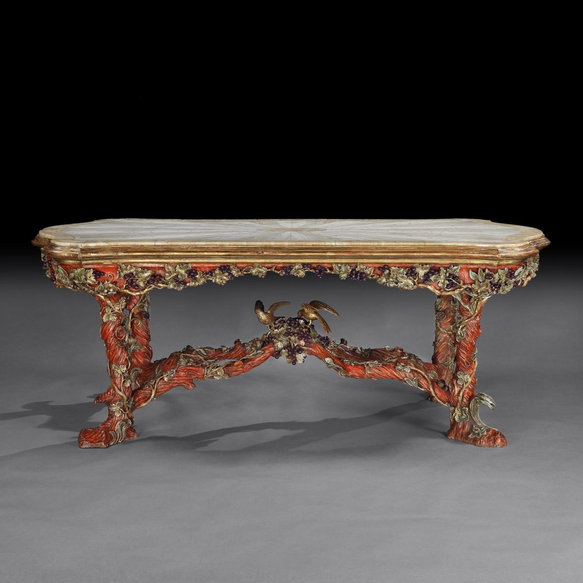 Outstanding Italian Carved Wood Polychrome Centre Table With Onyx Top By Amulet Bertoni