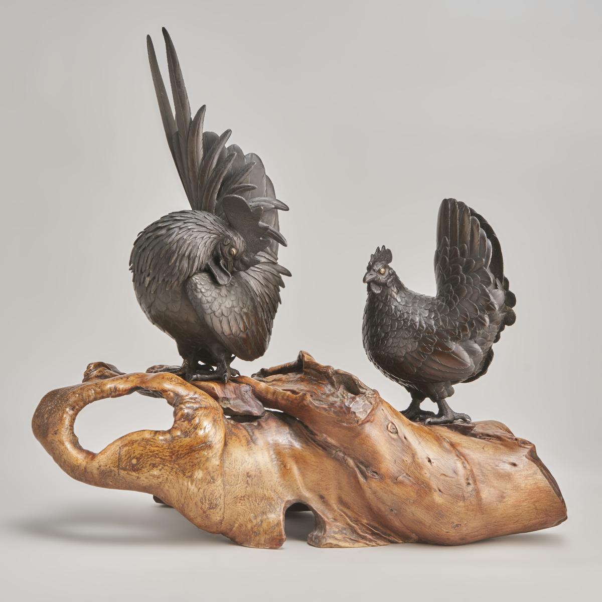 A beautiful Bronze Okimono group depicting a pair of chickens (Circa 1880)