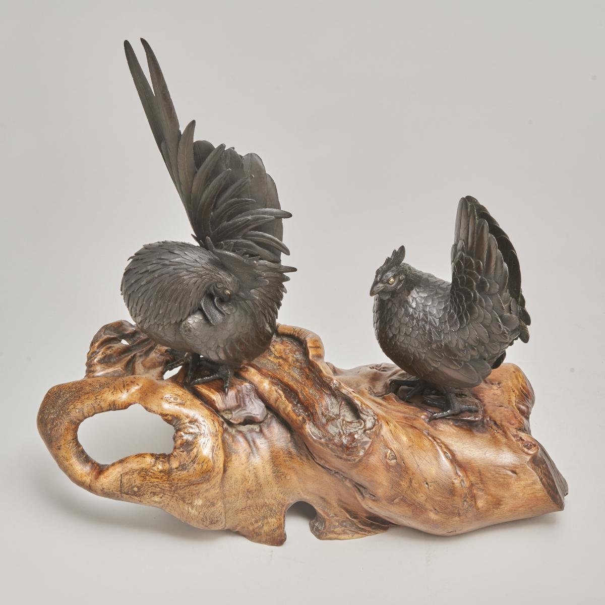 A beautiful Bronze Okimono group depicting a pair of chickens (Circa 1880)