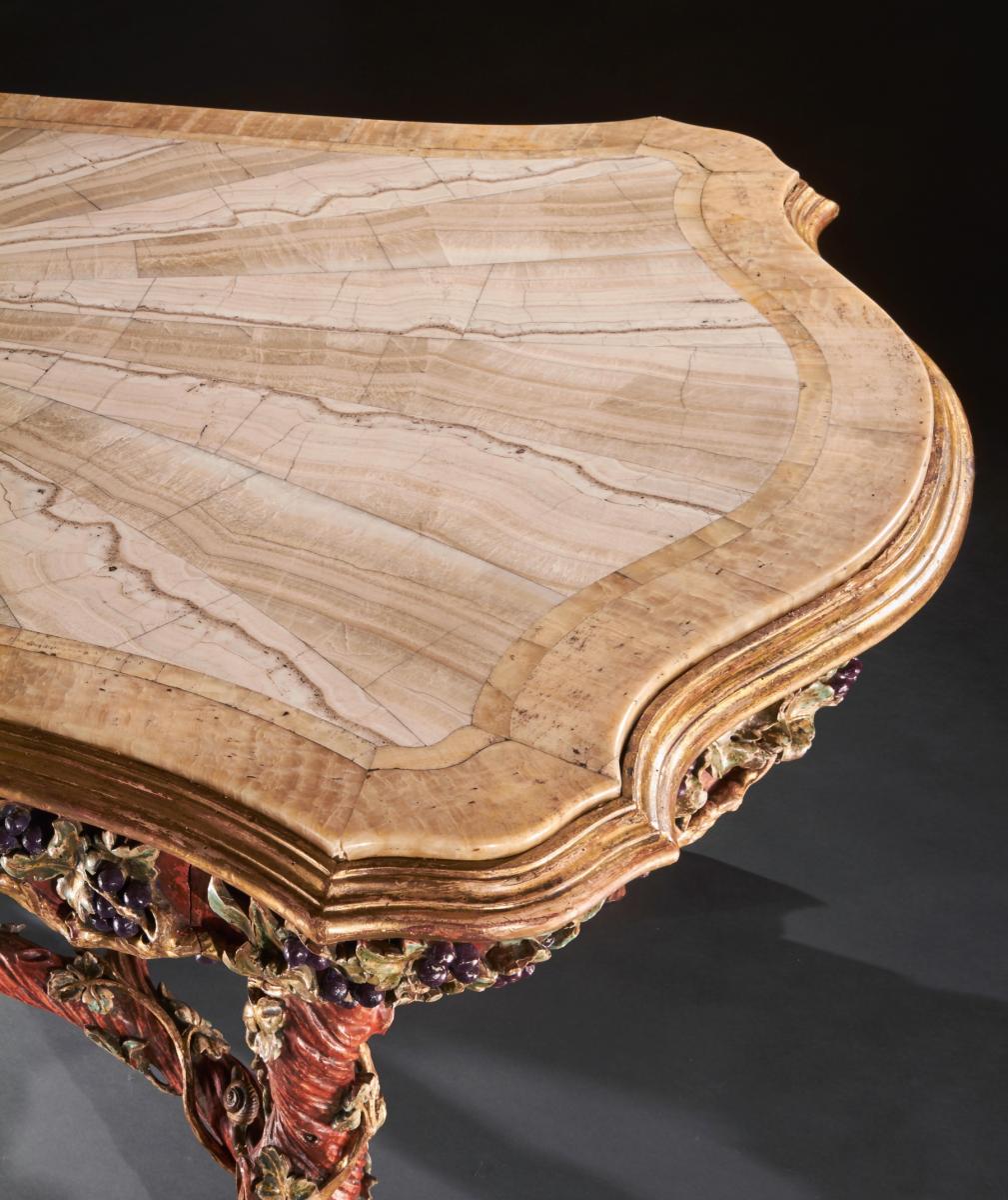 Outstanding Italian Carved Wood Polychrome Centre Table With Onyx Top By Amulet Bertoni