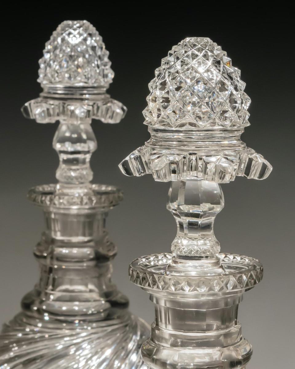 An Exceptional Pair of Regency Cut Glass Decanters by Perrin Geddes