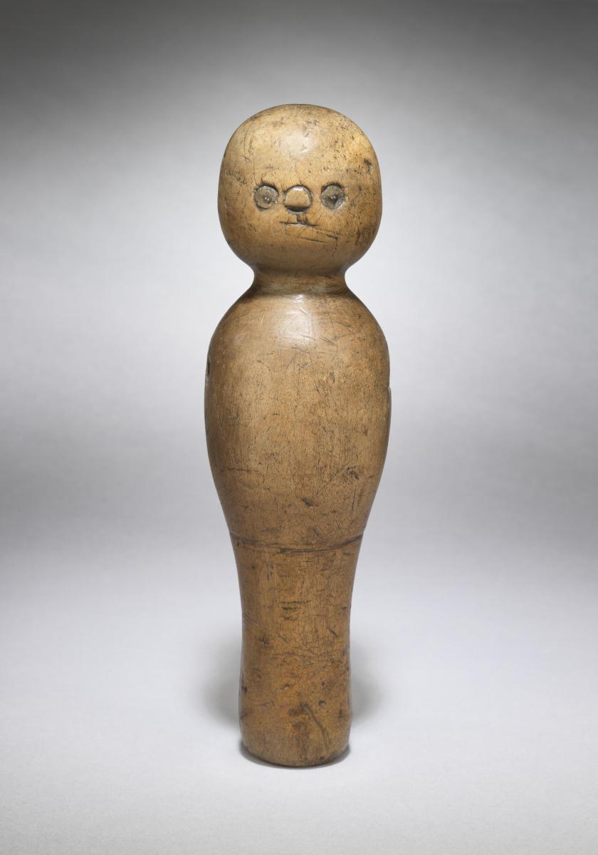 An Unusual Early "Bedpost" or "Skittle" Doll Of Traditional Waisted Form with Stylised Facial Features Turned Sycamore and Various Media. English, North Country, c.1850