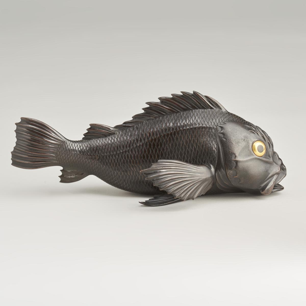 Japanese, late 19th Century Bronze Okimono of a Red Rockfish on a wood and lacquer stand