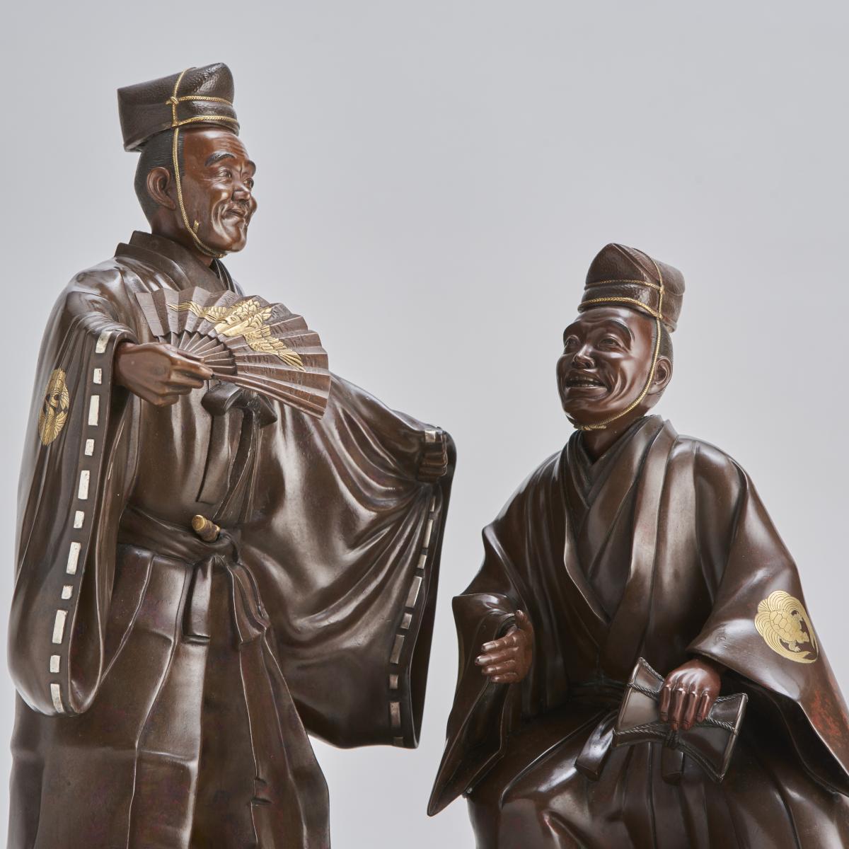 Bronze Okimono pair of Sambaso dancers