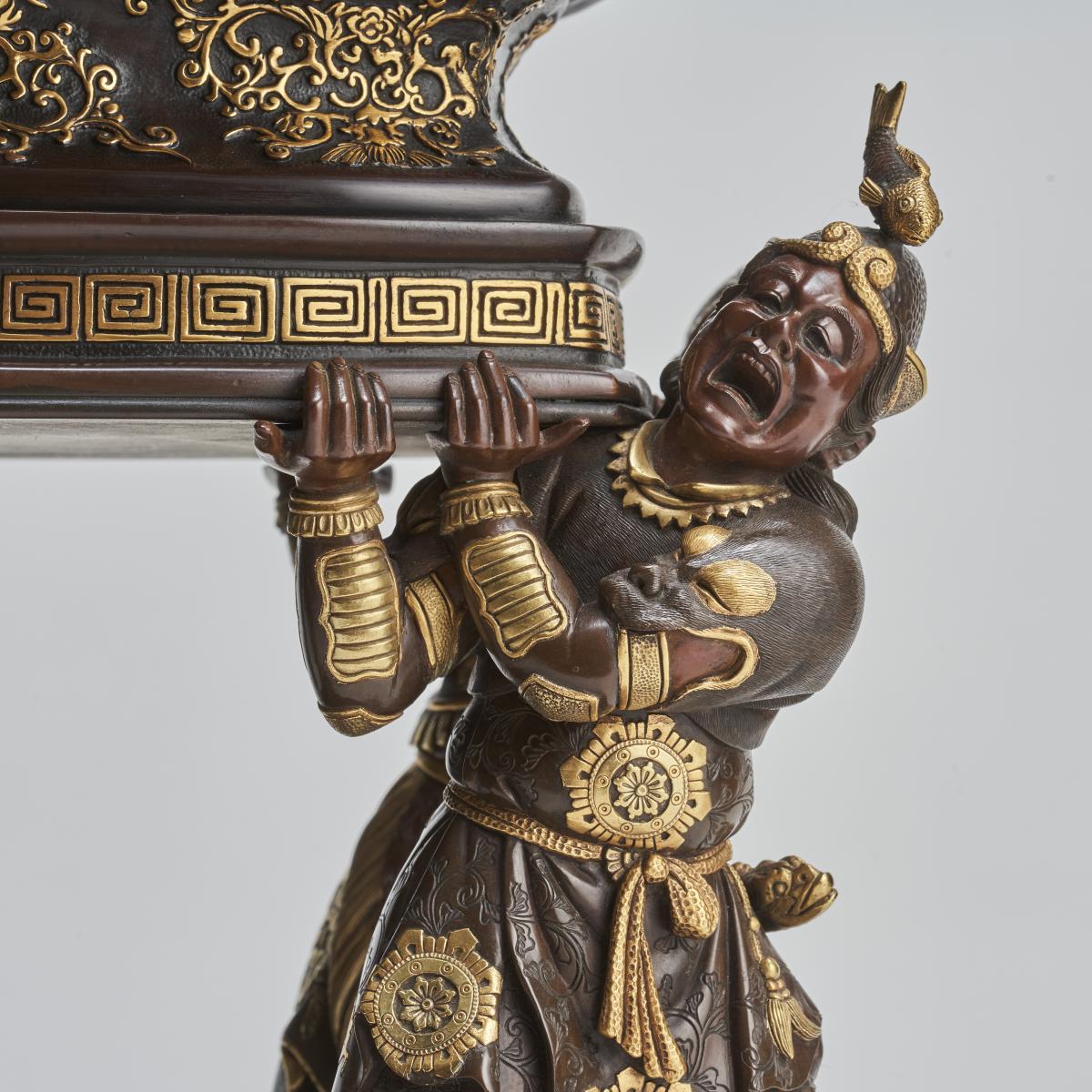 A fascinating and masterful, large Bronze and precious multi metal Koro by the Miyao Company