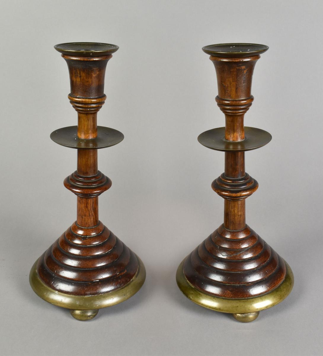 Pair of unusual oak and bell metal candlesticks reconstituted from York Minster after the fire of 1840, c.1845