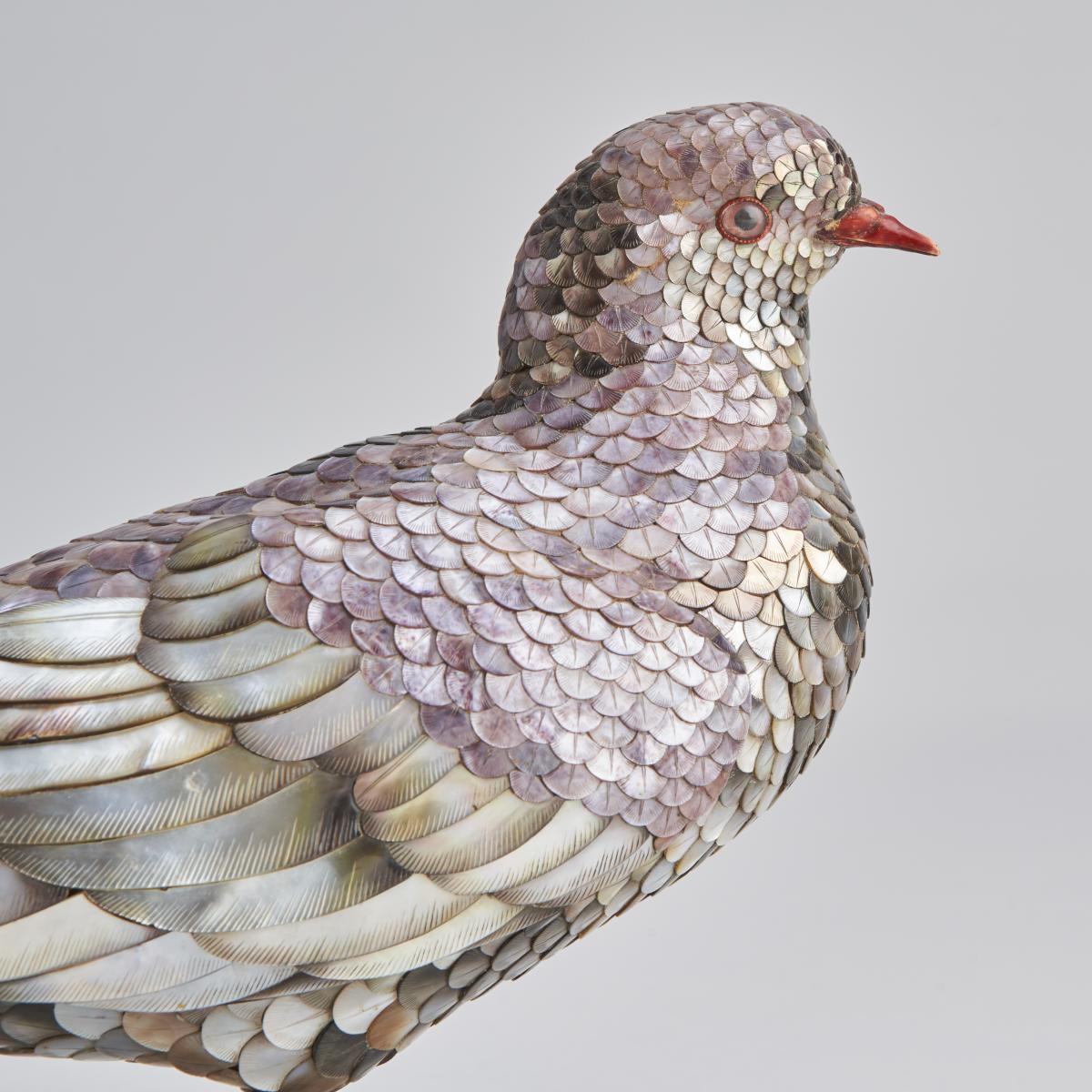 A beautiful pair of lifelike Japanese mother of pearl fantail doves (Circa 1880)