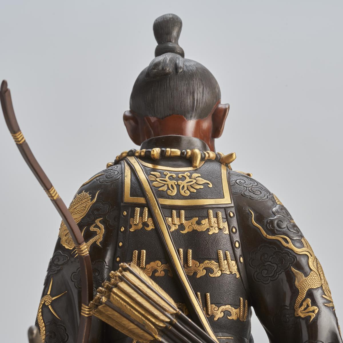 A stunning antique Japanese Bronze and multi-metal Okimono group depicting Emperor Jimmu