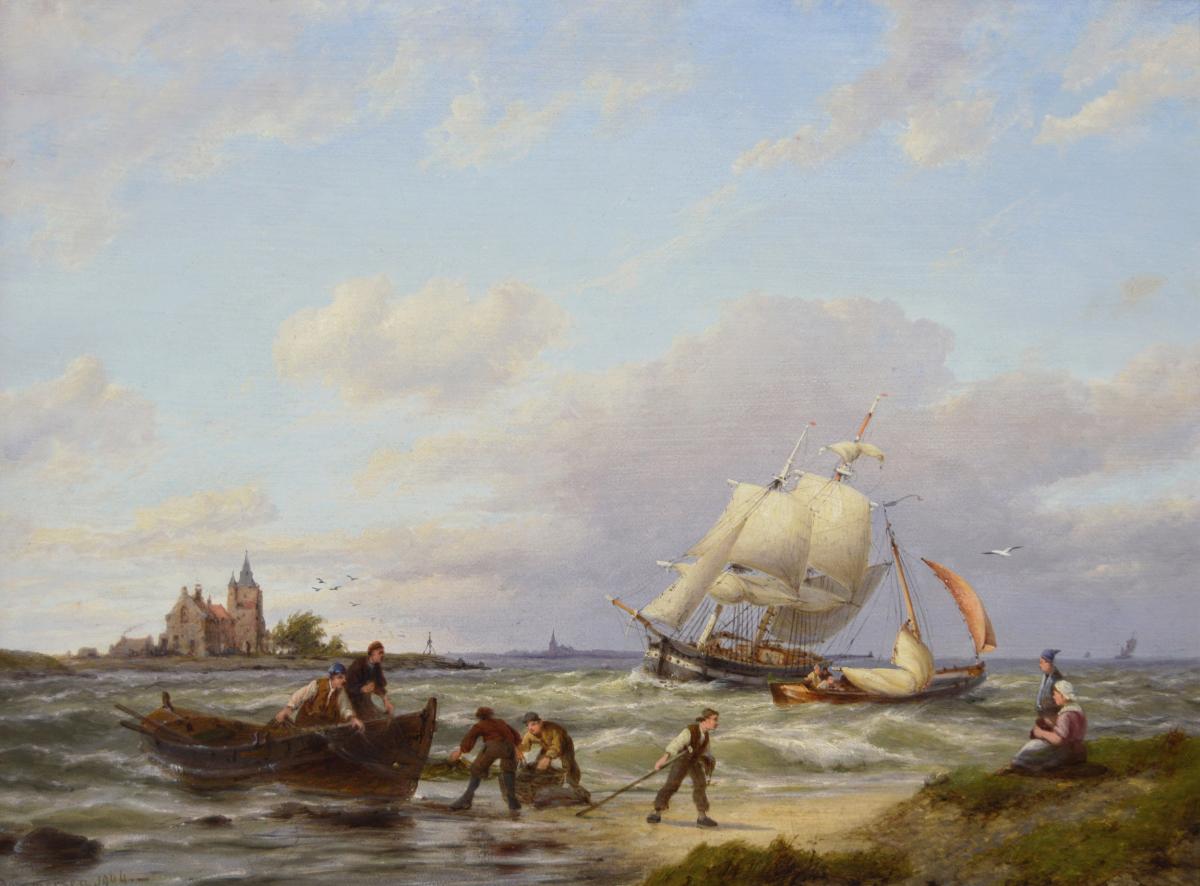 Pair of seascape oil paintings of fishing boats by a Dutch shore by Pieter Cornelis Dommersen
