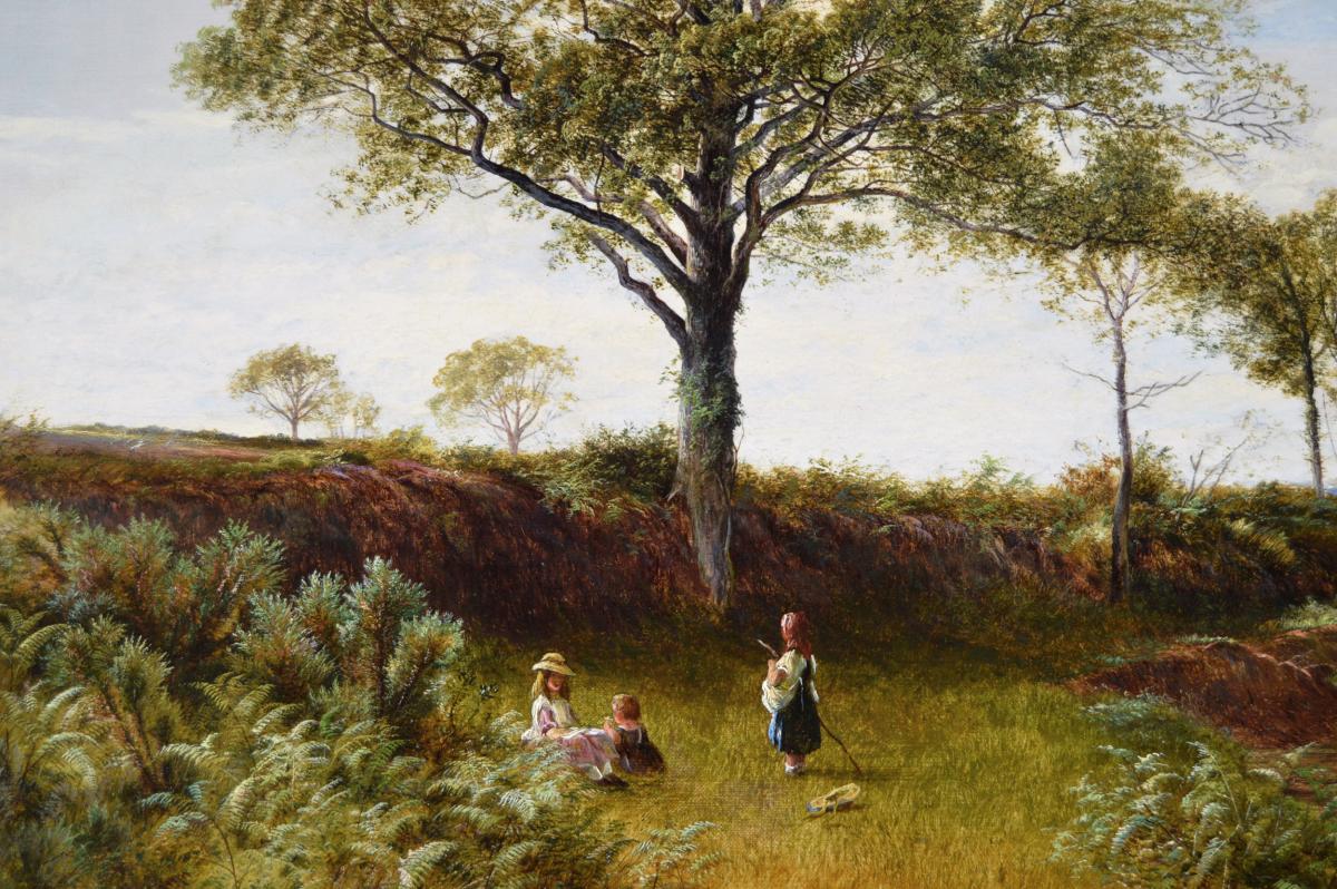 Landscape oil painting of children by a Derbyshire river by David Payne