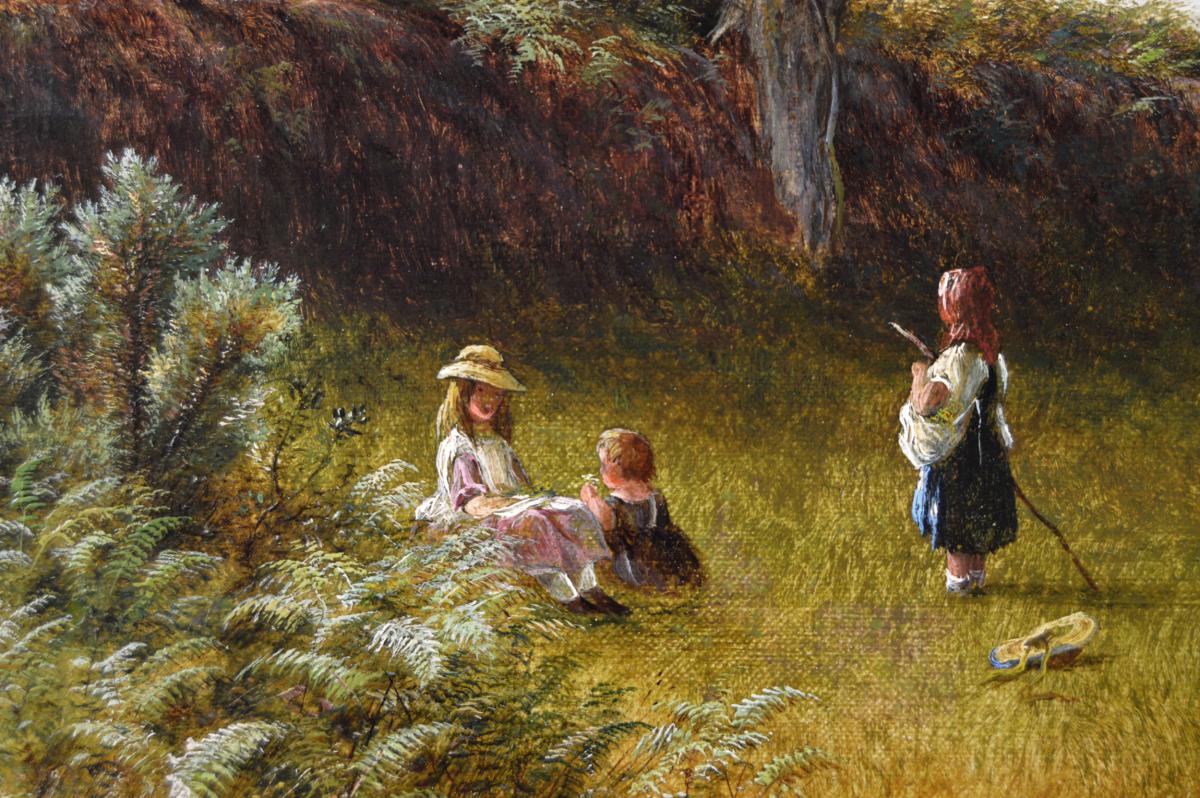 Landscape oil painting of children by a Derbyshire river by David Payne