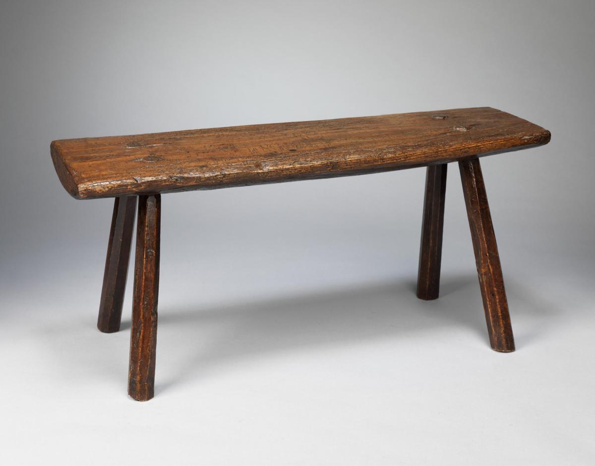 Unusual Georgian Vernacular Fireside Stool With Bellied Top and Strick Legs Well Patinated Pine and Oak with Traces of Original Paint   English, West Country, c.1780