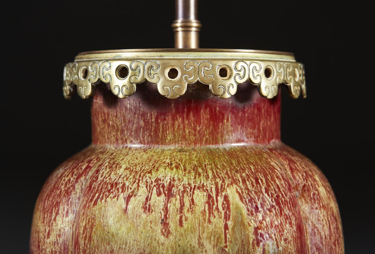 Red and Gold Slip Glaze Art Pottery Lamp with Brass Mounts