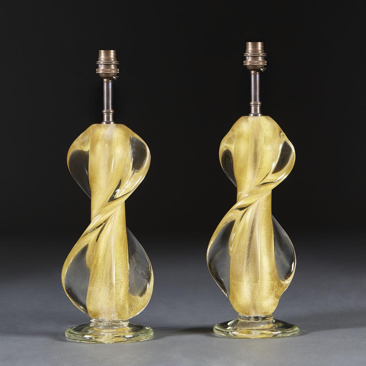 Pair of Gold Spiral Murano Glass Lamps
