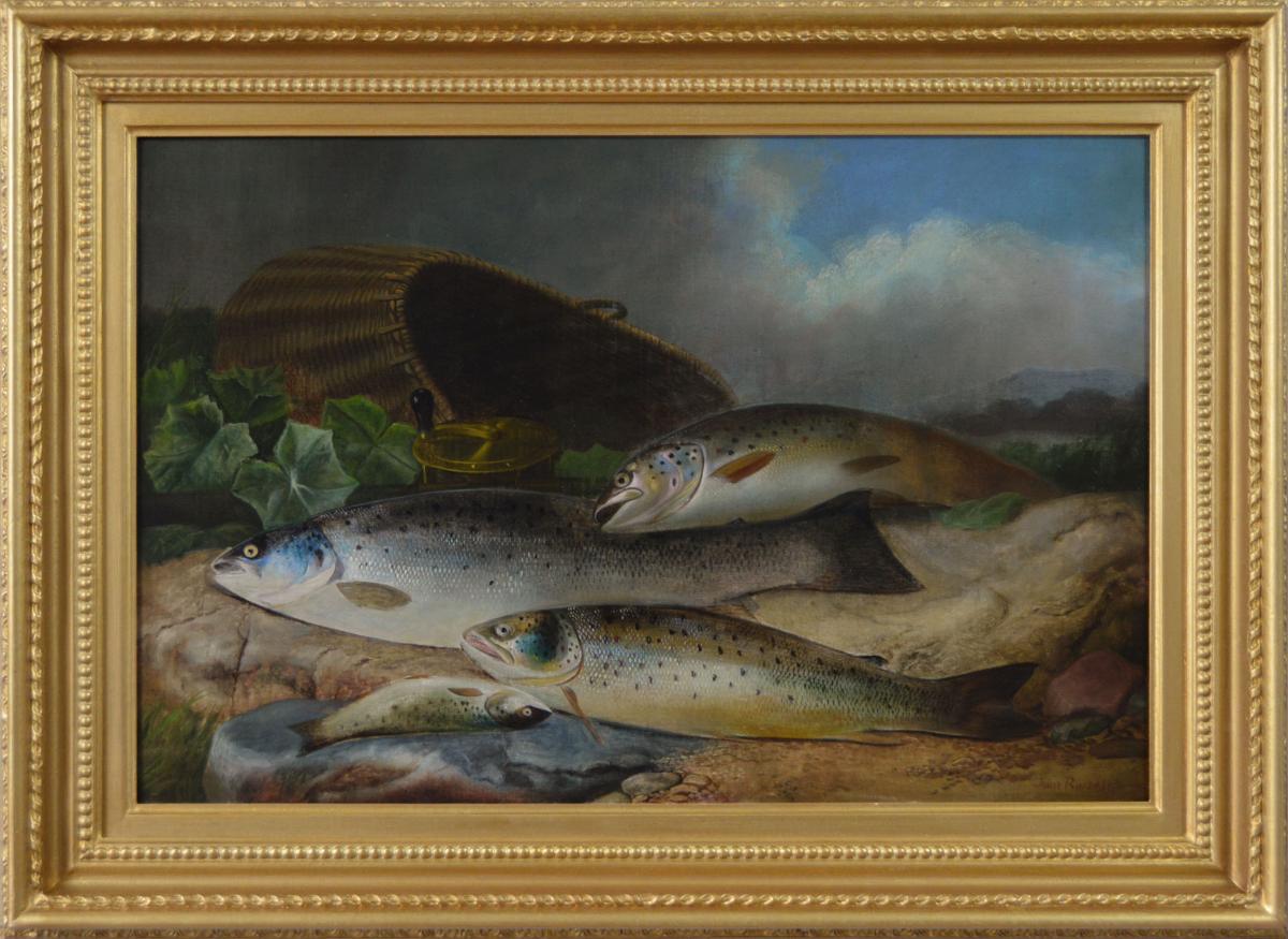 Sporting oil painting of salmon and trout by John Bucknell Russell